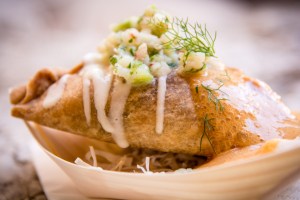 Andreu Genestra's 'cocarroi' of fried prawns with spiced apricot 