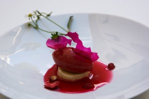 Orange-blossom cream, wild strawberries, toasted strawberry sorbet, with chilled hibiscus and strawberry-leaf infusion