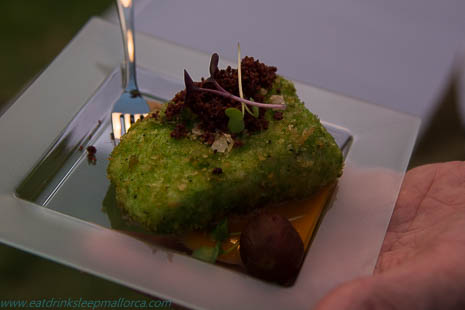 Rafa's black halibut, tamarillo cream, and pecan nut, with beetroot dust 