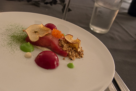 Trout, beetroot, and apples