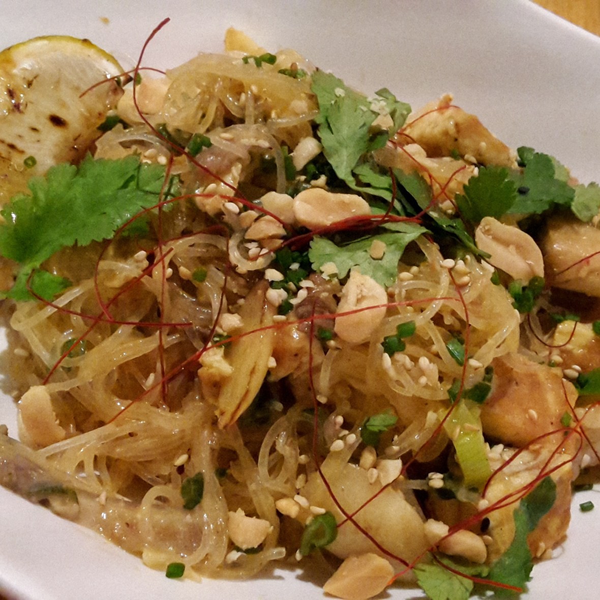 Main course Pad Thai with prawns on Arume's lunch menu